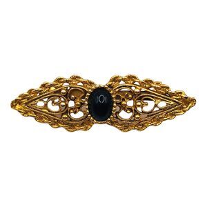 VTG Victorian Revival Bar Brooch Filigree Faux Onyx Gothic Pin 2" Elegant